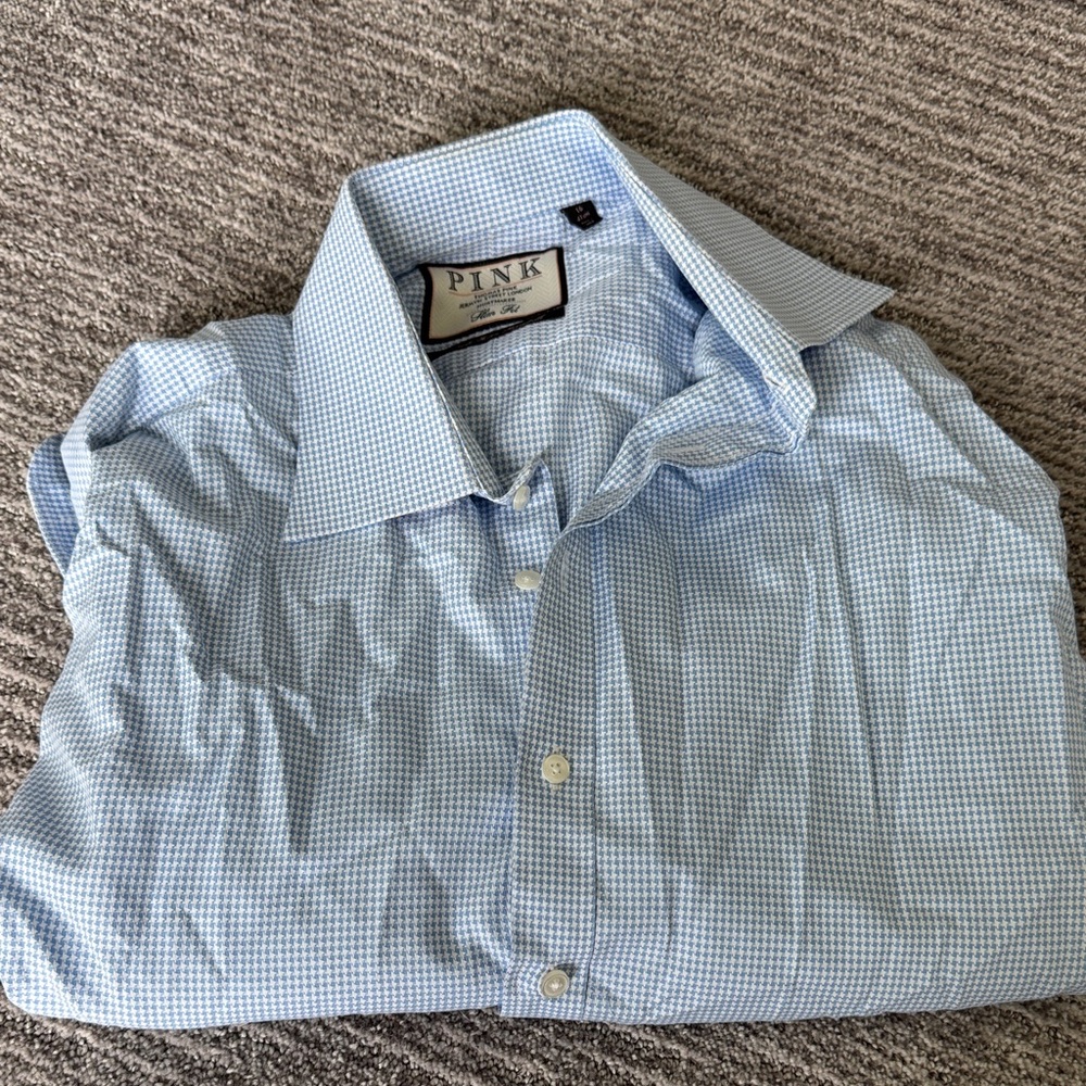 Thomas Pink Sky Blue Gingham Men's Dress Shirt